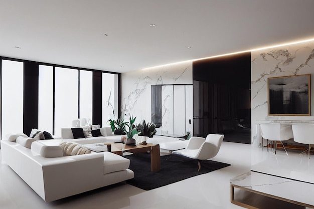 Modern living room 3D render with white luxurious furniture