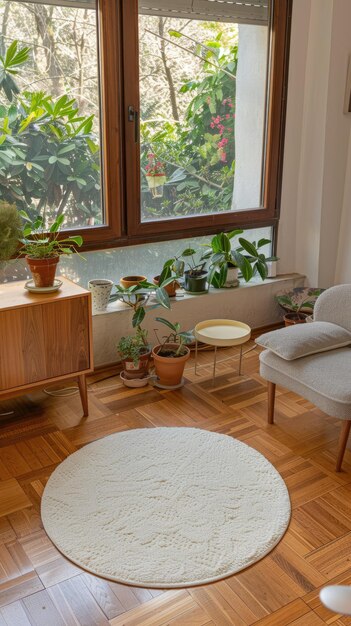 Photo a modern living room adorned with a persian carpet and round white rug featuring a sleek grey sofa by a window with a wooden frame complemented by lush plants in pots a side table armchair