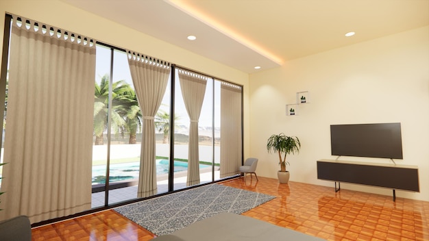 Modern living room or bedroom with pool view 3d rendering