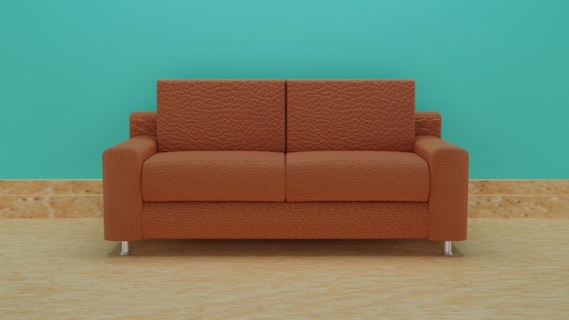 Modern living room brown sofa front view with clean background in wooden floor 3d rendering