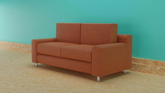 Modern living room brown sofa side view with clean background in wooden floor 3d rendering