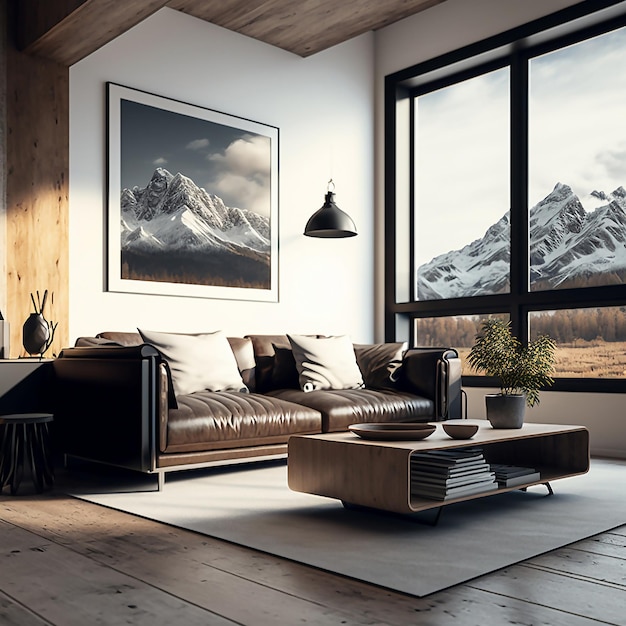 Modern living room close up mountains view Generative AI