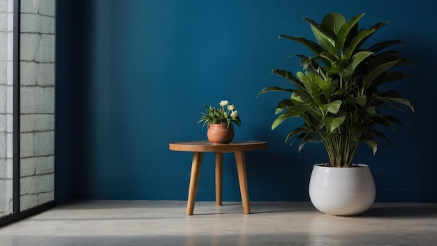 Modern living room corner with potted palm and vintage armchair