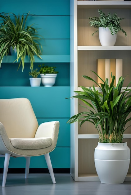 Modern living room corner with stylish chair and indoor plants