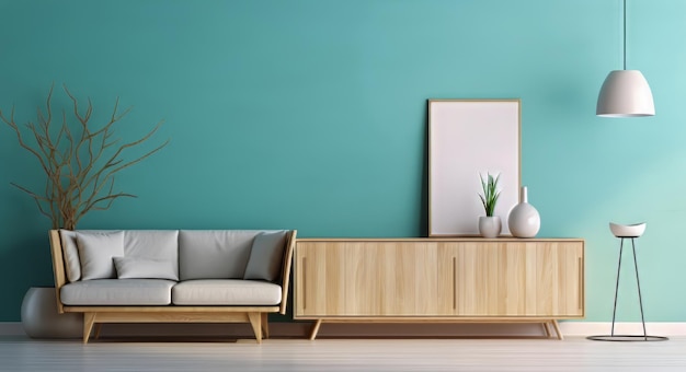 Modern living room decor with wooden furniture and turquoise wall