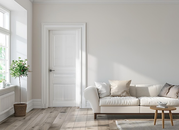 Modern living room in a Dutch house with a sofa armchair and coffee table against a window with a wh