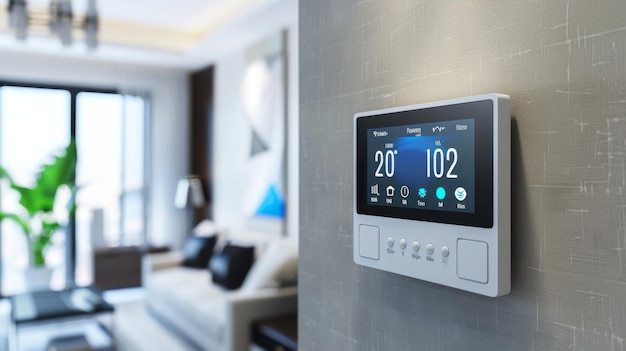 Photo a modern living room highlighted by a sleek wallmounted smart thermostat showcasing cuttingedge home technology and contemporary interior design