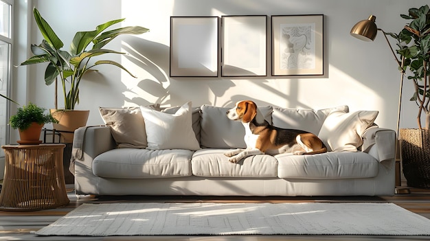 Modern living room interior beagle dog sitting on gray sofa white carpet beige throw pillows empty w