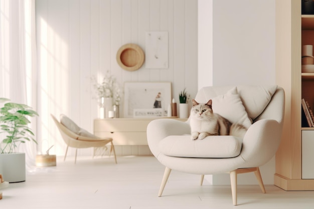 Modern living room interior Cute cat near couch Generative AI