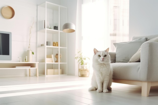 Modern living room interior Cute cat near couch Generative AI