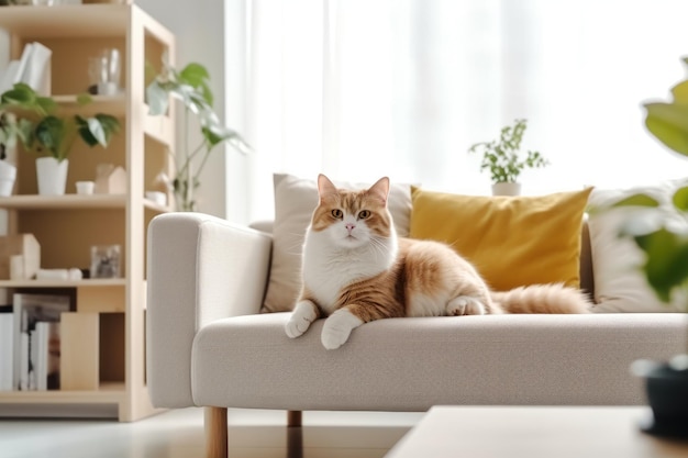 Modern living room interior Cute cat near couch Generative AI