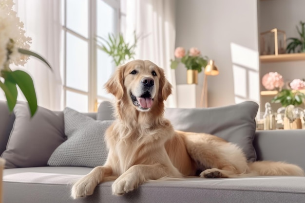 Modern living room interior Cute Golden Labrador Retriever near couch Generative AI