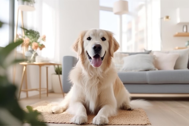 Modern living room interior Cute Golden Labrador Retriever near couch Generative AI