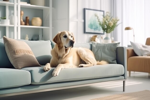 Modern living room interior Cute Golden Labrador Retriever near couch Generative AI