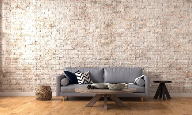 Modern living room interior design and mock up decor and brick pattern wall background 3d render