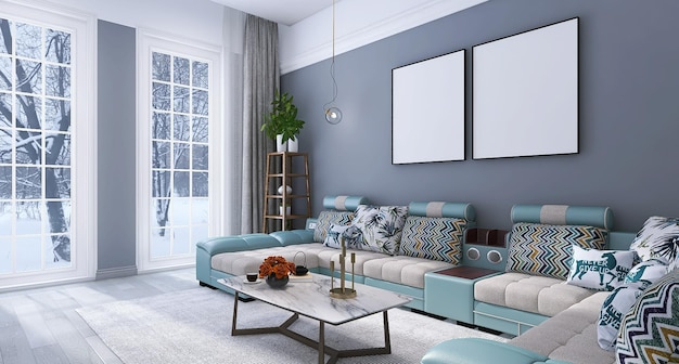 Modern living room interior design scene with to photo frame mockup sofa set coffee table windows