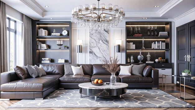 Photo modern living room interior design with leather sofa marble coffee table and a large chandelier