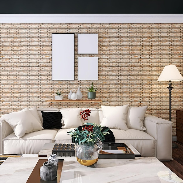 Modern living room interior design with three photo frame mockup, bricks texture background, sofa