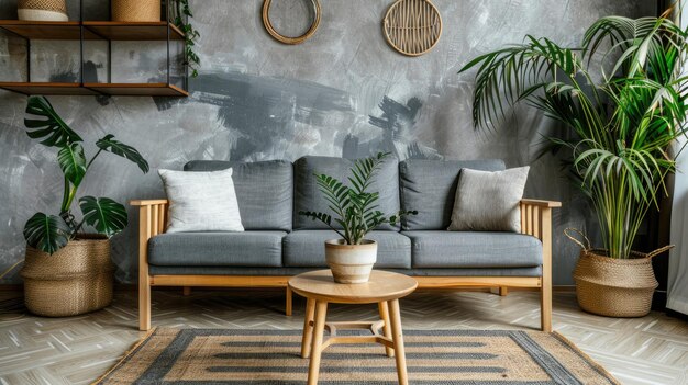 Photo a modern living room interior featuring a gray sofa wooden coffee table and plants on a shelf embodying a scandinavian home decor concept