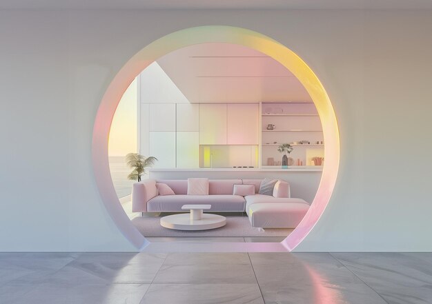 Modern living room interior Pastel colors Oval entrance