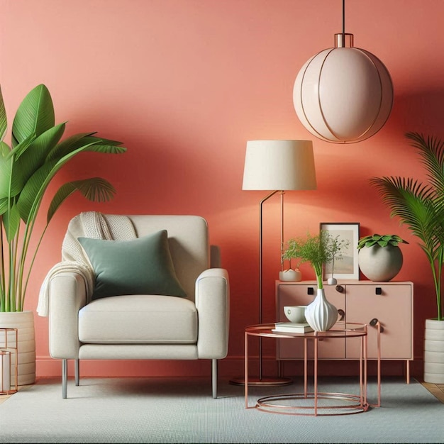 Modern living room interior with armchair and green plantslampcabinet on coral wall