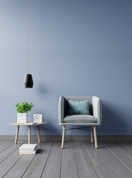 Modern living room interior with armchair lamp and green plants on dark wall background 