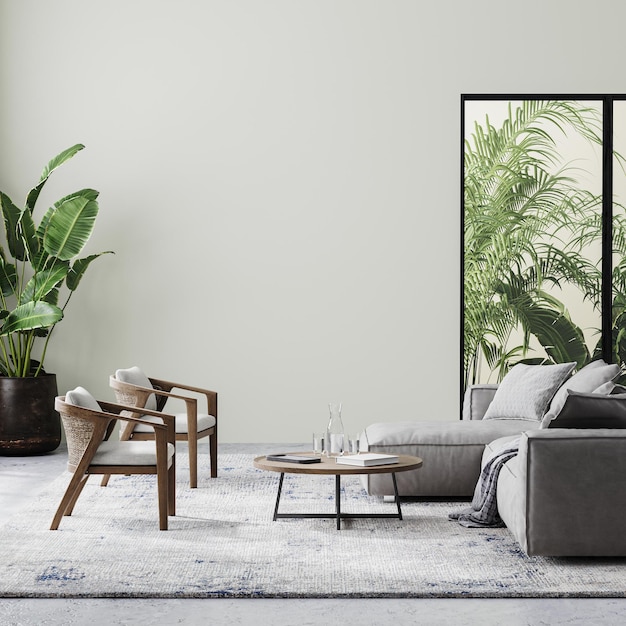 Modern living room interior with beige wall, gray and wooden furniture and tropical plants with palm leaves, 3d rendering