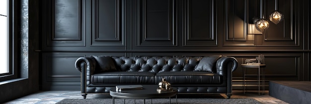 Modern Living Room Interior with Black Leather Tufted Sofa and Dark Paneling Wall