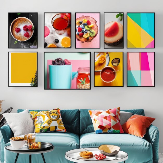 Photo modern living room interior with blue sofa coffee cup croissants and colorful pictures on wall