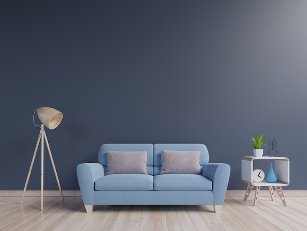 Modern living room interior with blue sofa and green plants, lamp, cabinet on blue wall back