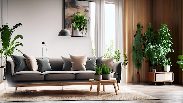 modern living room interior with cozy sofa wooden a lot of plants very detailed