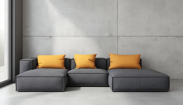 Photo modern living room interior with gray sectional sofa and yellow pillows 3d rendering