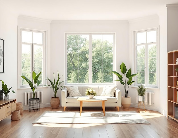 Modern Living Room Interior With Green Plants Sofa