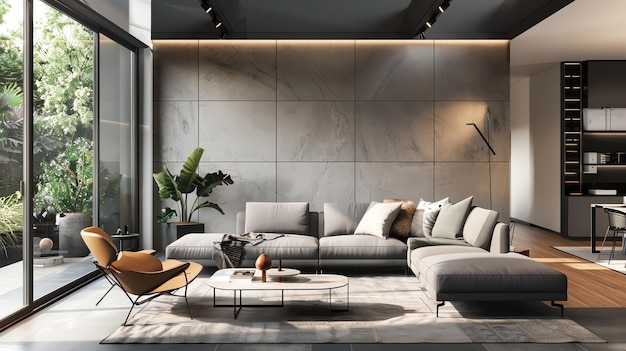 Modern living room interior with grey sectional sofa large windows and stylish decor