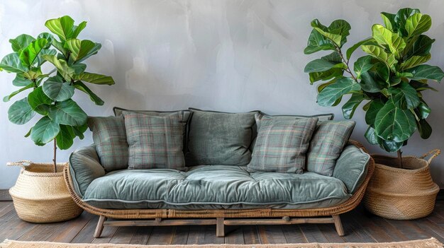 Photo modern living room interior with grey sofa and plant