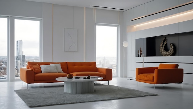 Modern living room interior with orange sofa and coffee table