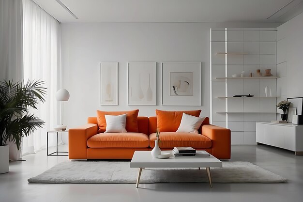 Modern living room interior with orange sofa and coffee table