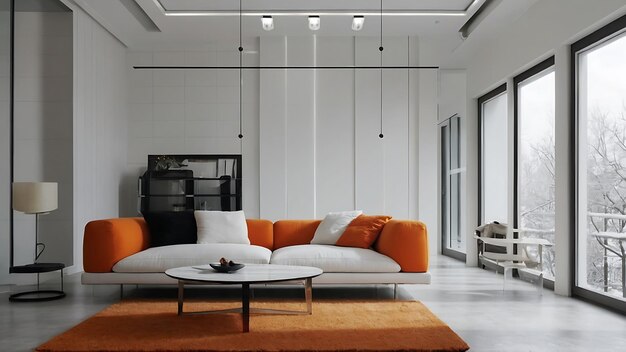 Modern living room interior with orange sofa and coffee table