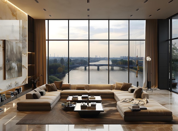 Modern living room interior with panoramic city view