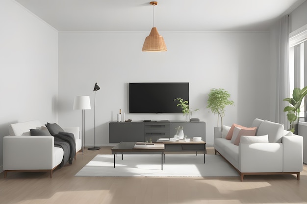 Modern Living Room Interior With Potted Plants Behind The Gray Colored Sofa And Armchair