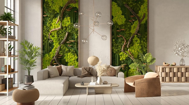 Modern living room interior with scandinavian moss on the wall 3d rendering