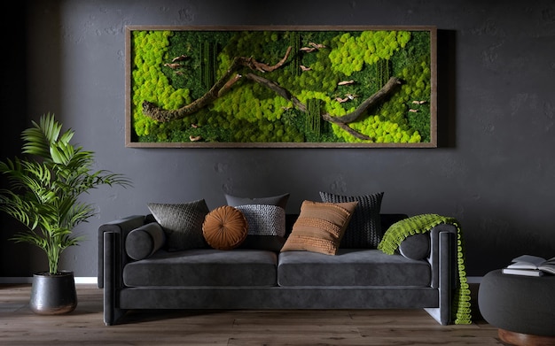 Modern living room interior with scandinavian moss on the wall 3d rendering