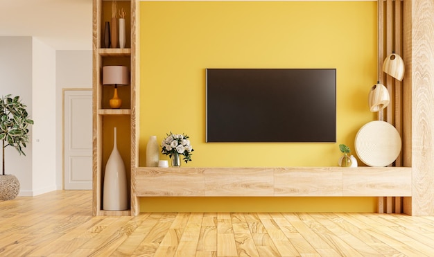 Modern living room interior with shelf for TV on yellow color wall background.3d rendering