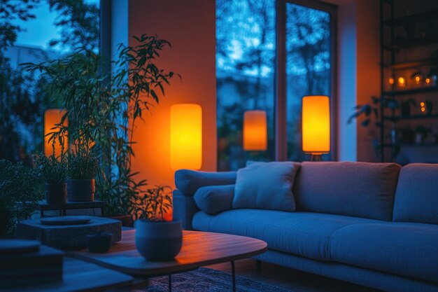 Photo modern living room interior with sleek sofa coffee table and glowing lamps for evening ambiance