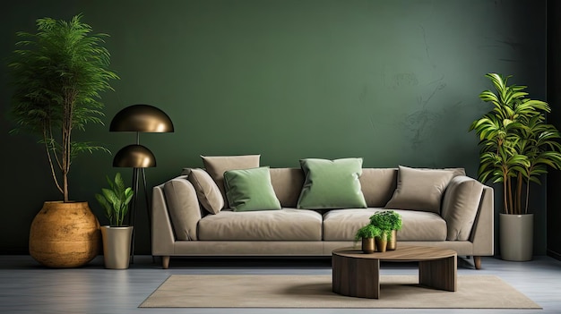 Modern living room interior with sofa and green leaf ornament and minimalist design