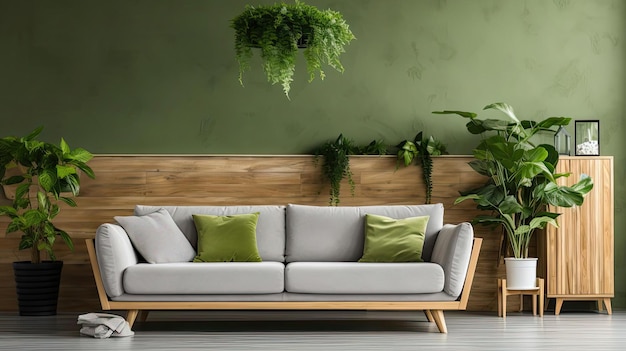 Modern living room interior with sofa and green leaf ornament and minimalist design