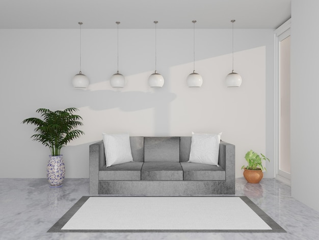 Modern living room interior with sofa and green plants hanging lamp on the white wall