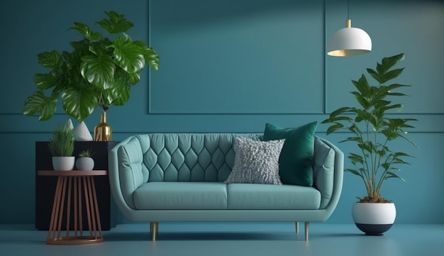 Modern living room interior with sofa and green plants lamp table on blue wall background