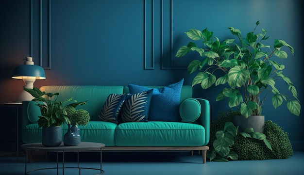 Modern living room interior with sofa and green plants lamp table on blue wall background