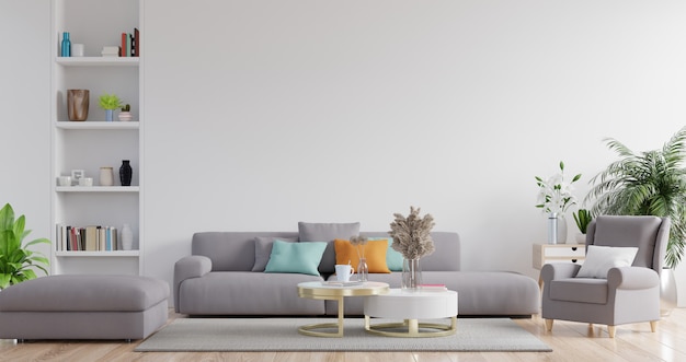 Modern living room interior with sofa and green plants,lamp,table on white wall.